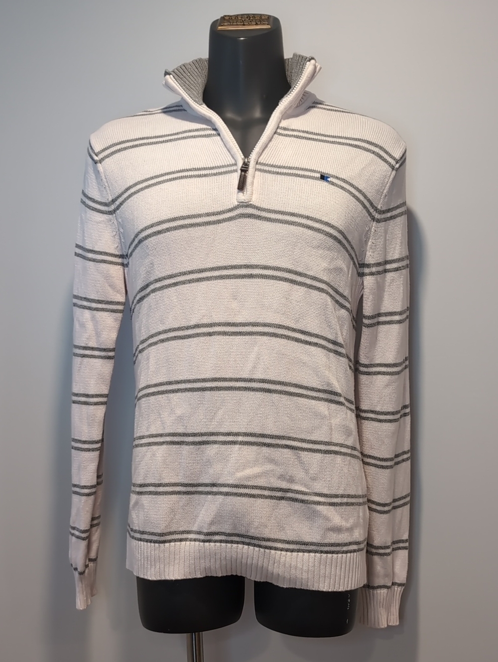 Simon's Cream Striped Quarter-Zip Sweater 100% Cotton Grey Le 31 Medium